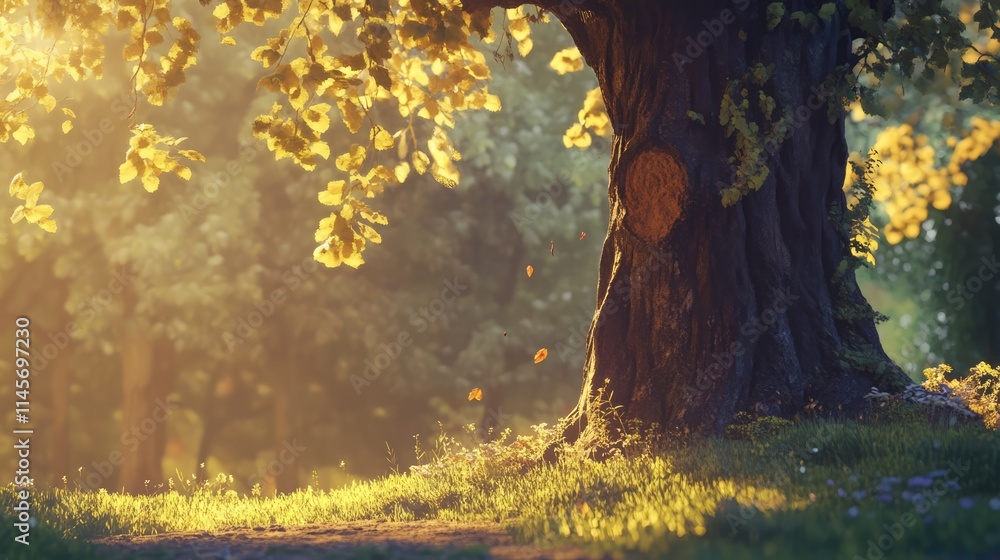 Poster majestic tree trunk surrounded by lush greenery illuminated by soft sunlight in a tranquil forest se