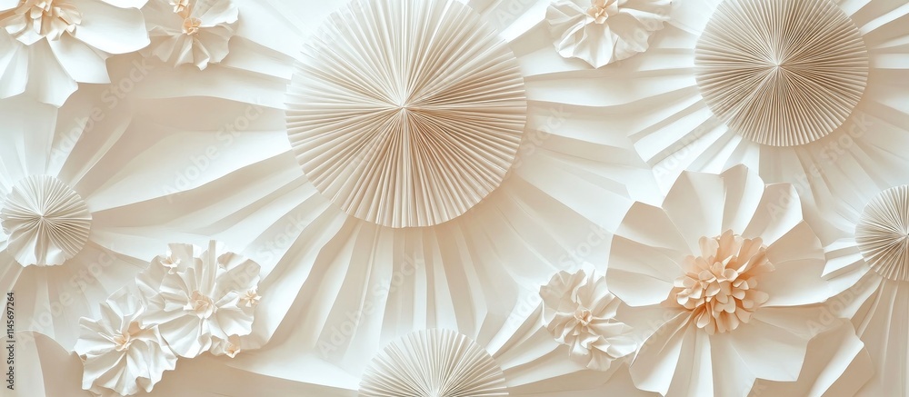 Poster elegant white paper texture with three-dimensional flower and fan shapes perfect for backgrounds and