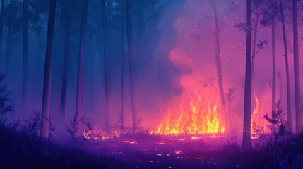 Obraz premium Abstract forest fire landscape with vibrant flames and smoke highlighting drought-affected trees in a surreal, colorful setting