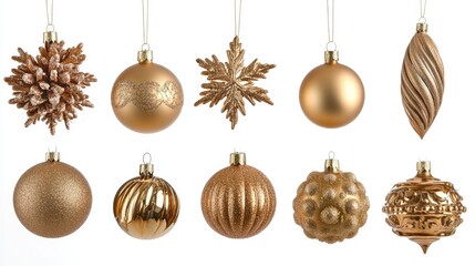 Elegant golden Christmas ornaments collection featuring various shapes and textures isolated on a white background for festive decor inspiration.