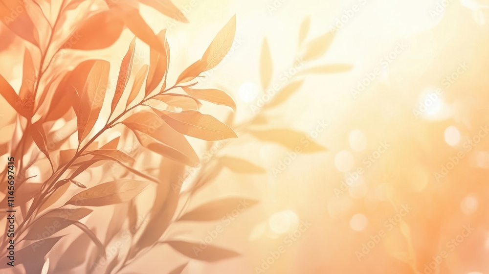 Poster leaves illuminated by warm soft light in a blurred natural background creating a serene and tranquil
