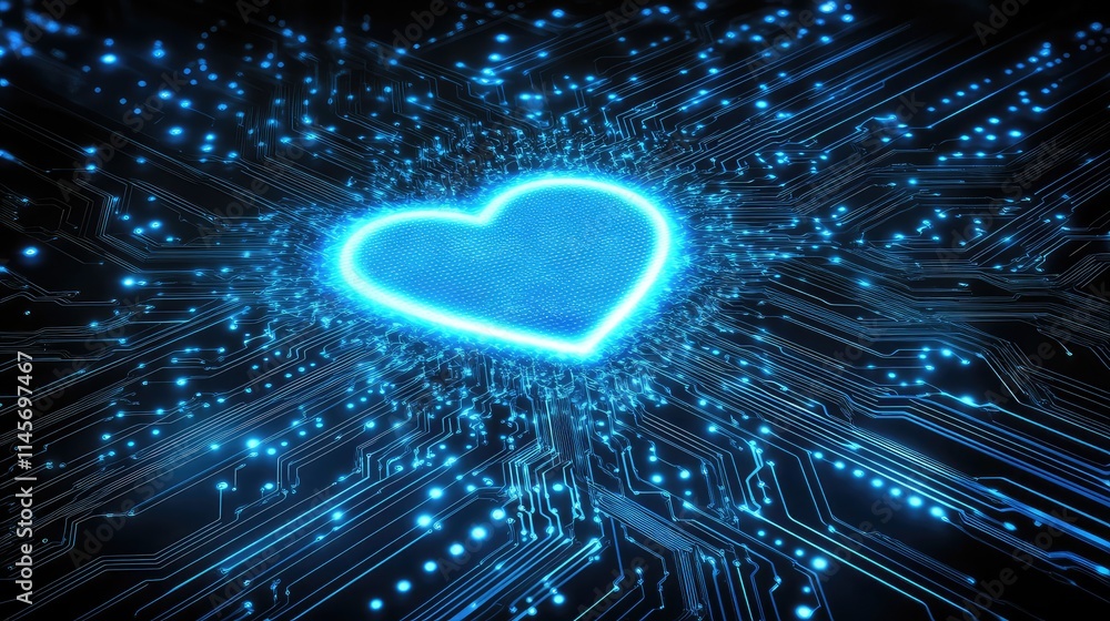 Poster a glowing processor microchip placed at the heart of a circuit board, with light radiating along con