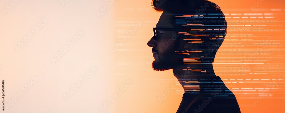 Poster businessman silhouettes concept. silhouette of a man with programming code overlay against an orange