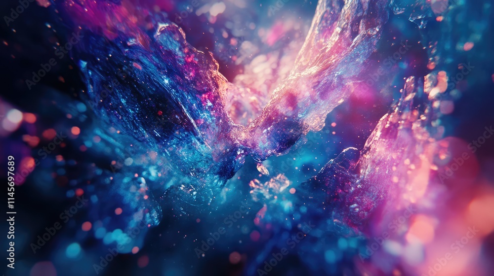 Poster colorful cosmic abstract background featuring swirling nebulas and luminous particles in a vast oute