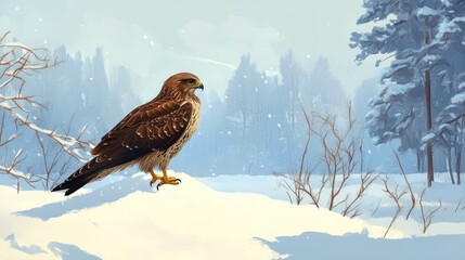 Fototapeta premium Buzzard perched in snowy landscape searching for prey amidst winter scenery