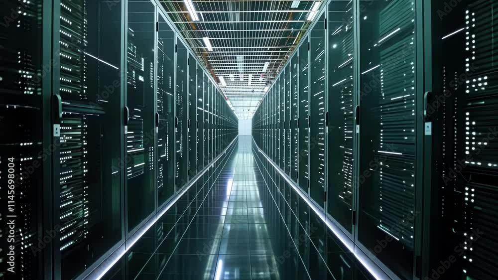 Poster modern data center with servers storing and processing big data, illuminated by flashing lights, cre