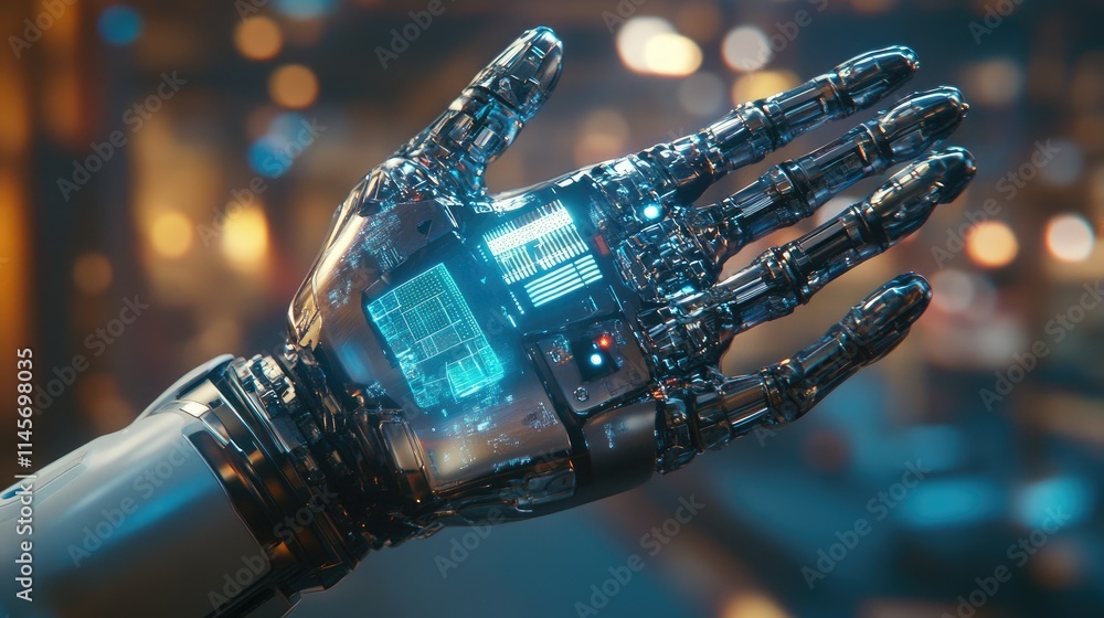 Poster futuristic robotic hand showcasing advanced technology with glowing circuitry and integrated device 