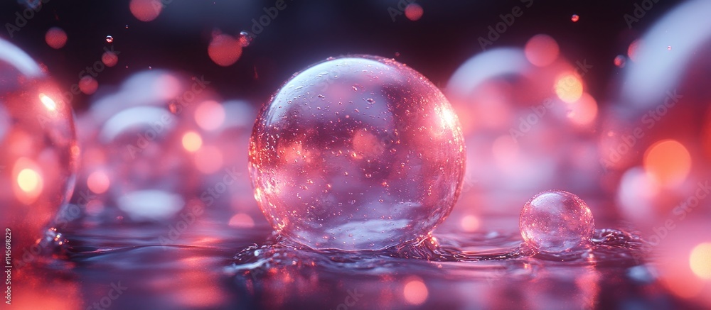 Poster colorful 3d bubbles with reflections and light effects on a dark background creating an abstract vib