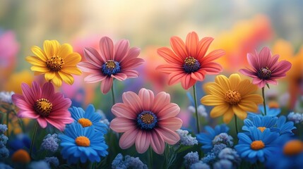 Fototapeta premium Vibrant close-up of colorful flowers in a serene garden setting with soft focus effects and beautiful bokeh background.