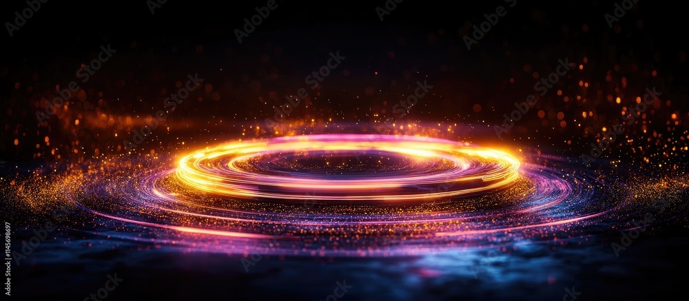 Poster neon circles glowing in a dark digital environment showcasing processing interface technology and fu