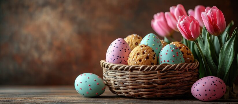 Rustic Easter greeting card backdrop with colorful eggs, homemade cookies, tulips in a basket, and ample copy space for personalization.