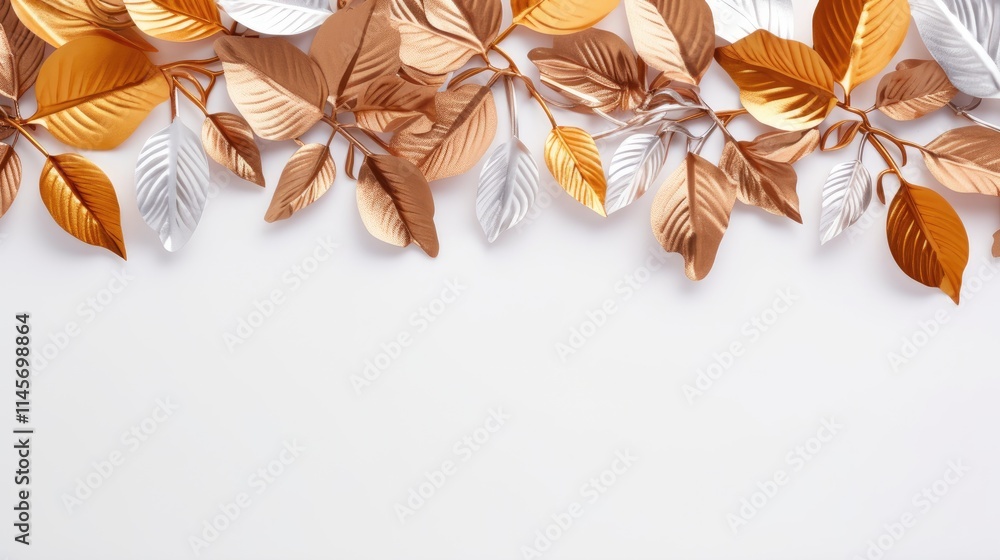 Poster autumn metallic leaves in gold copper and silver arranged on a white background creating a stylish b