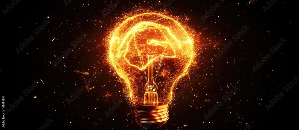 Poster illuminated light bulb with electrical sparks symbolizing energy use and innovation in illumination 