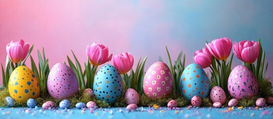 Springtime Easter arrangement with vibrant colored eggs and blooming tulips on a pastel background for holiday celebrations and greetings.