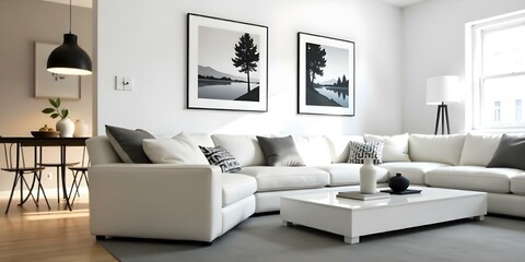 A modern living room with a white sectional sofa, vintage landscape art on the walls, and a minimalist coffee table.