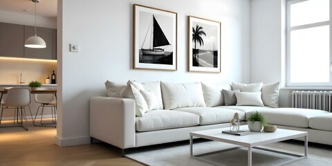 A modern living room with a white sectional sofa, vintage landscape art on the walls, and a minimalist coffee table.