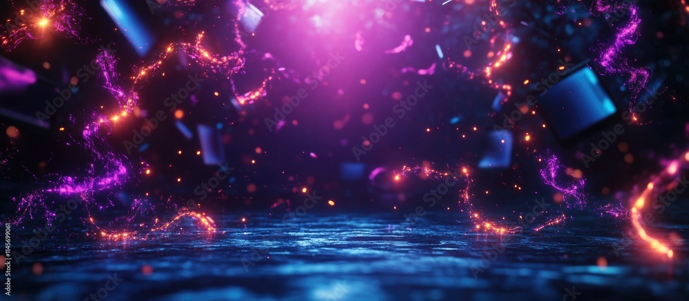 Poster dynamic abstract background with colorful light effects and modern television displays in a futurist