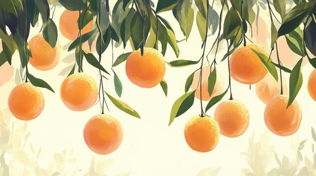 Cascading oranges hanging from lush green leaves creating a vibrant agricultural background for fresh produce and natural themes