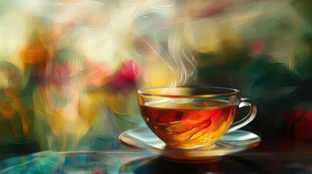 Steaming cup of tea with blurred colorful background ideal for articles on relaxation and wellness themes
