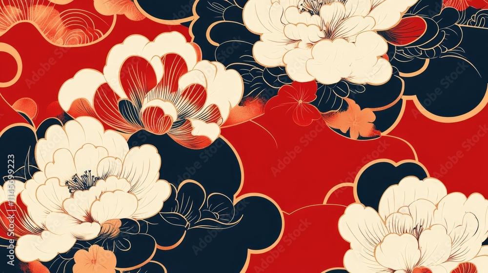 Poster warm floral pattern with oriental motifs in a bold color palette featuring red and black elements fo