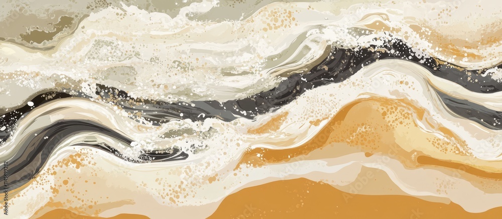 Poster abstract aerial view of ocean waves and sandy beach in earthy tones with dynamic patterns and textur