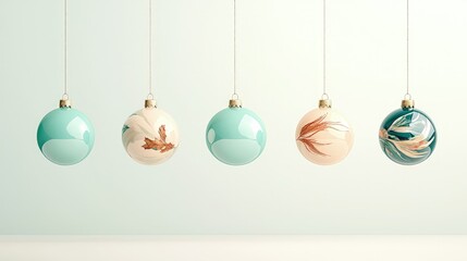 Five elegant pastel Christmas ornaments hanging against a mint green background.