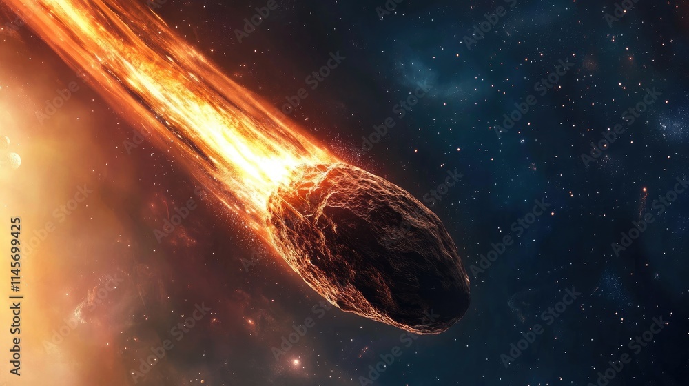 Poster celestial asteroid in motion illuminated by cosmic nebula and stars in deep space adventure