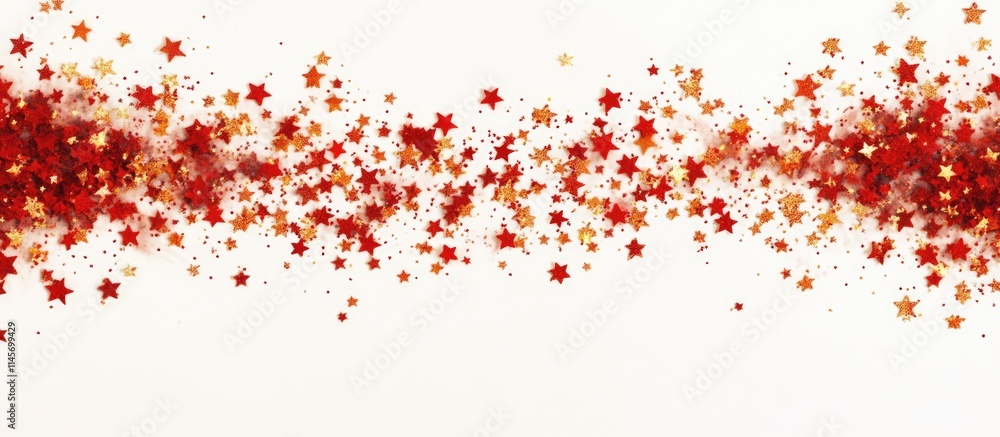 Poster golden stars and red sparkles create a festive confetti effect on a light backdrop ideal for greetin