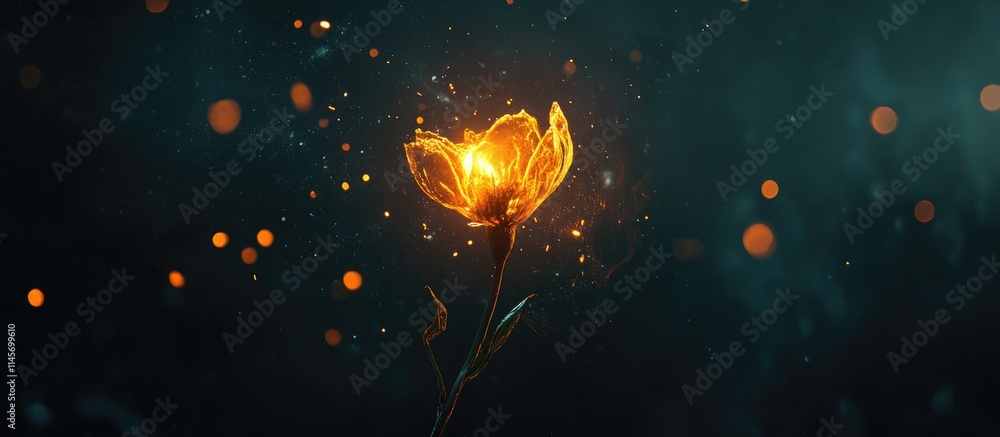 Poster glowing flower surrounded by sparkles on a dark background creating a magical and enchanting atmosph