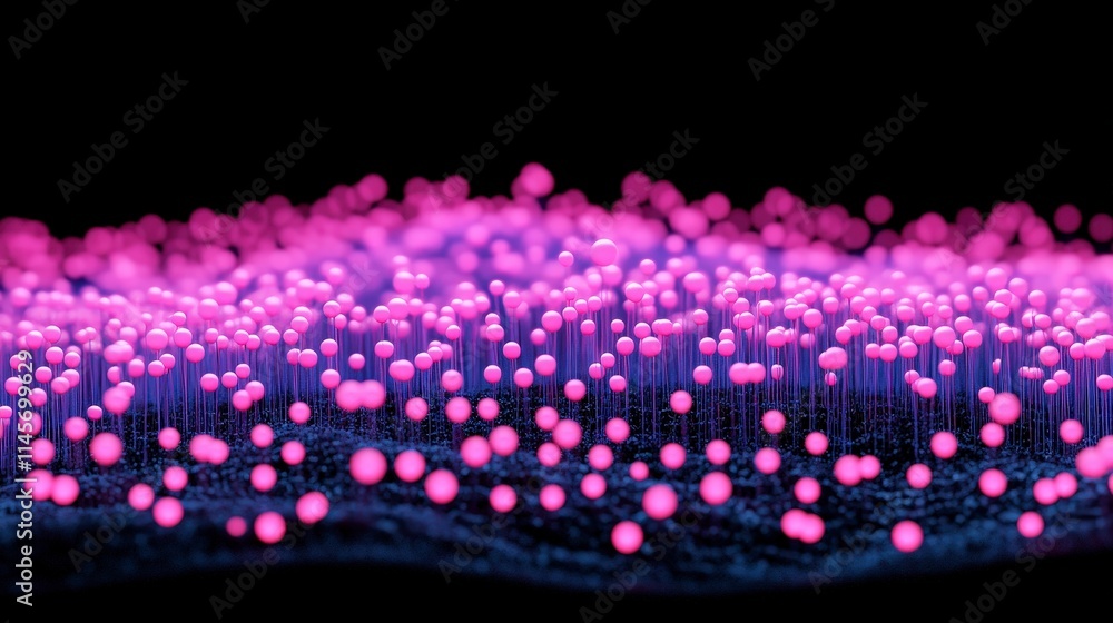 Poster pink spheres on thin stems rise from a dark surface. bokeh effect blurs some spheres creating a sens