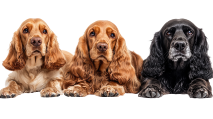 Three Cocker Spaniels: A trio of Cocker Spaniels, each with a unique coat color, pose side-by-side, showcasing their distinct beauty and gentle nature.