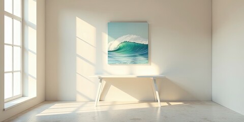 Serene Ocean Wave Canvas Art in a Minimalist Room Setting