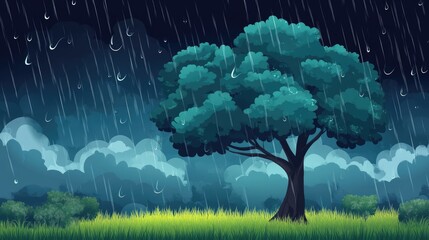 Lone Tree Under Dark Rain Clouds Illustrating Stormy Weather and Nature's Beauty