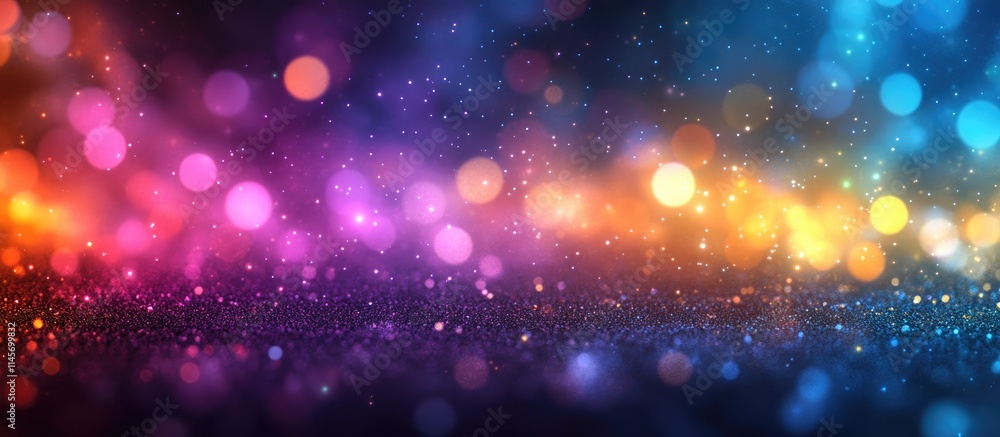 Poster vibrant bokeh light collection in purple yellow green and blue with soft blur effect creating a drea