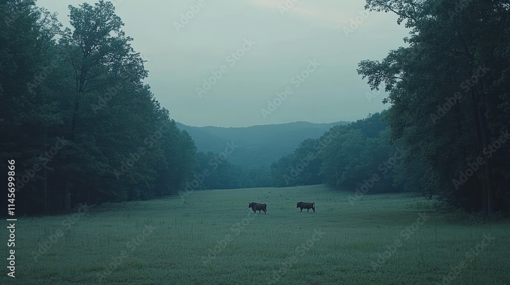Poster a serene landscape with two cows grazing in a misty field surrounded by trees and mountains.