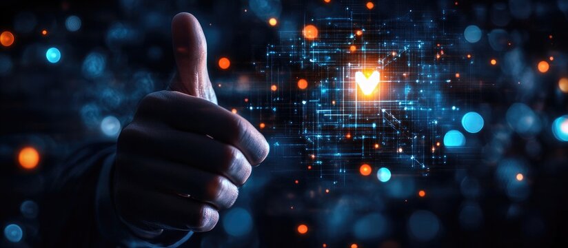 Management of quality enhancement through standardization certification and compliance with regulations represented by a digital thumbs up gesture