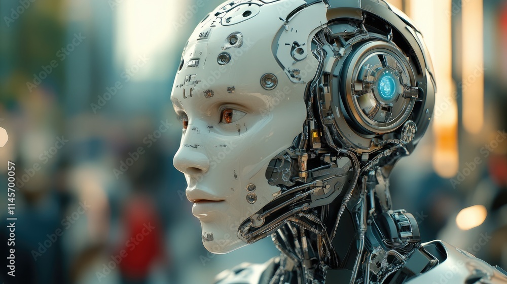 Poster advanced humanoid robot showcasing ai technology in an urban environment representing the future of 