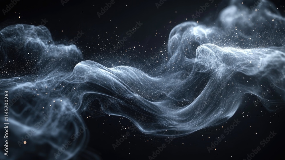 Poster abstract composition of ethereal smoke patterns in shades of gray against a dark background creating