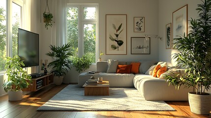 Sunlit living room with sectional sofa, plants, and artwork.
