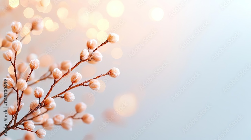 Poster peach tree abstract background idea. delicate branches with soft buds against a dreamy, ethereal bac