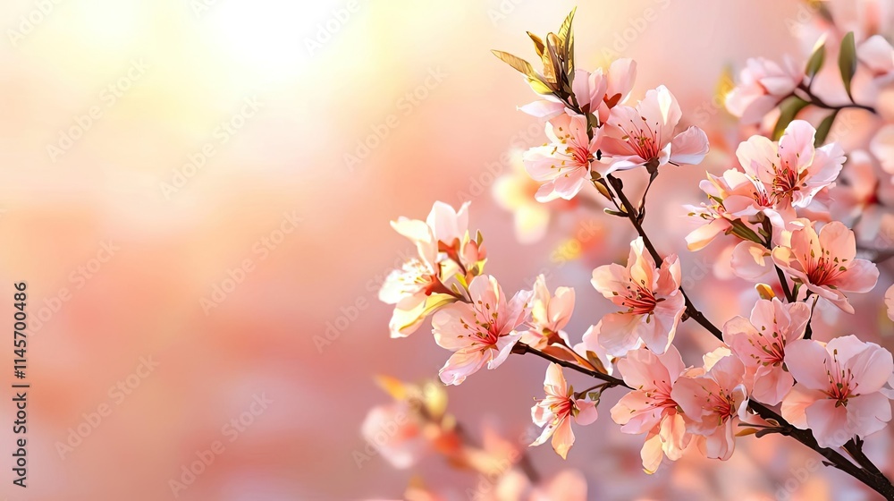 Poster peach tree abstract background idea. beautiful cherry blossom branch against a soft, warm background