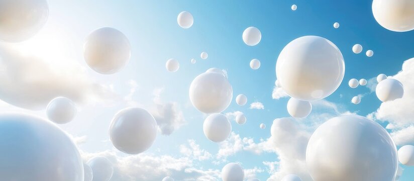 Floating white balloons in a vibrant blue sky with soft clouds creating a serene and uplifting atmosphere for celebrations or events