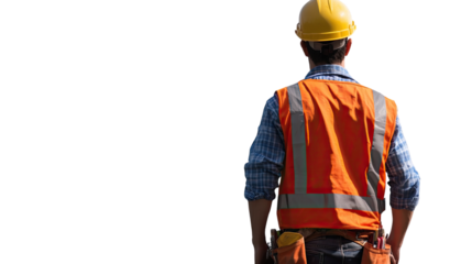 Construction Worker Vision:  A construction worker, seen from behind, stands tall in his safety gear, gazing towards a bright future.  His posture exudes confidence and dedication.