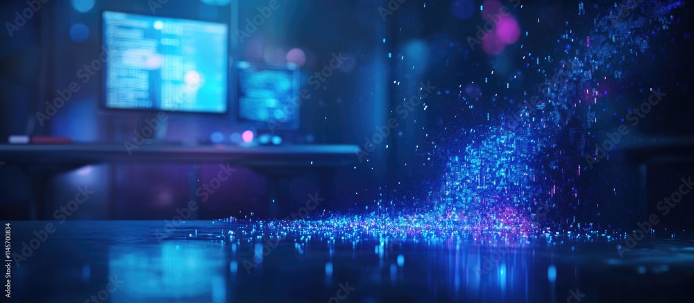 Poster double exposure of colorful statistics data hologram with modern desk and computer background illust