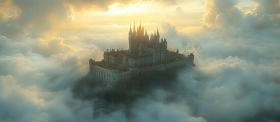 Fototapeta premium Majestic castle perched among clouds under an overcast sky illuminating a fantastical landscape with soft golden light.