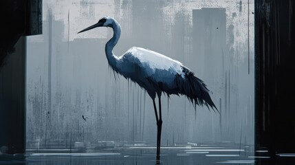 Fototapeta premium Elegant white crane standing majestically in a serene urban landscape with abstract elements reflecting a connection to nature amidst city life.