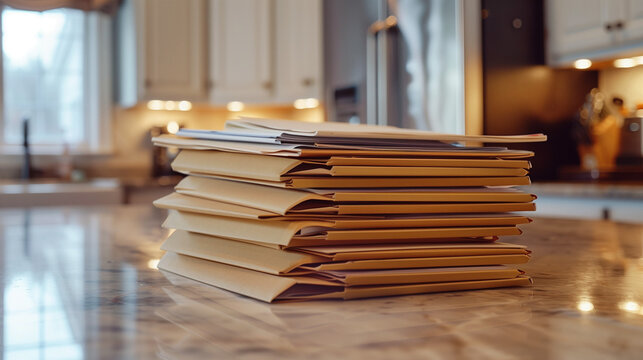 Stack of paper folders placed on a wooden desk in a modern office environment for organized and professional themes.