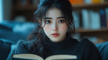 A woman reads a book with a sad expression, symbolizing the emotional impact of literature and the power of stories.