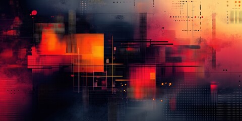 Obraz premium Futuristic digital abstract design with bold pixelated elements in red and black tones, creating a dynamic and modern composition