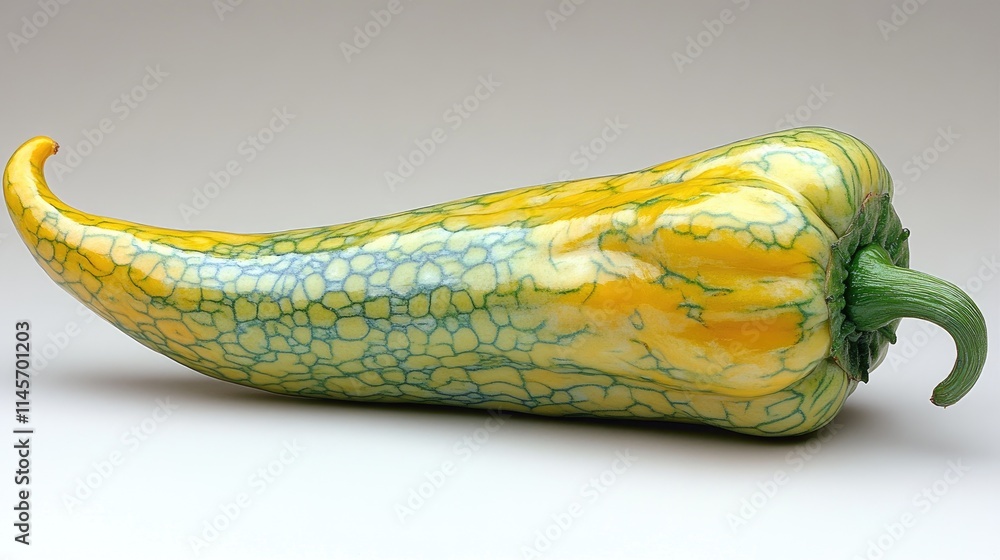 Poster vibrant yellow and green pepper with intricate patterns displayed on a clean white background showca